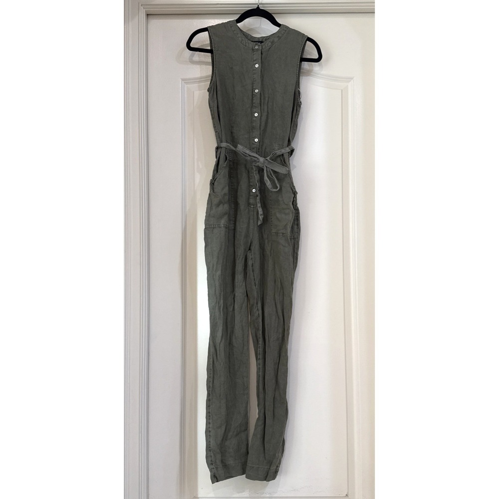 Nicole Miller Olive Green Linen Sleeveless Straight Leg Jumpsuit One piece  Sz 2
